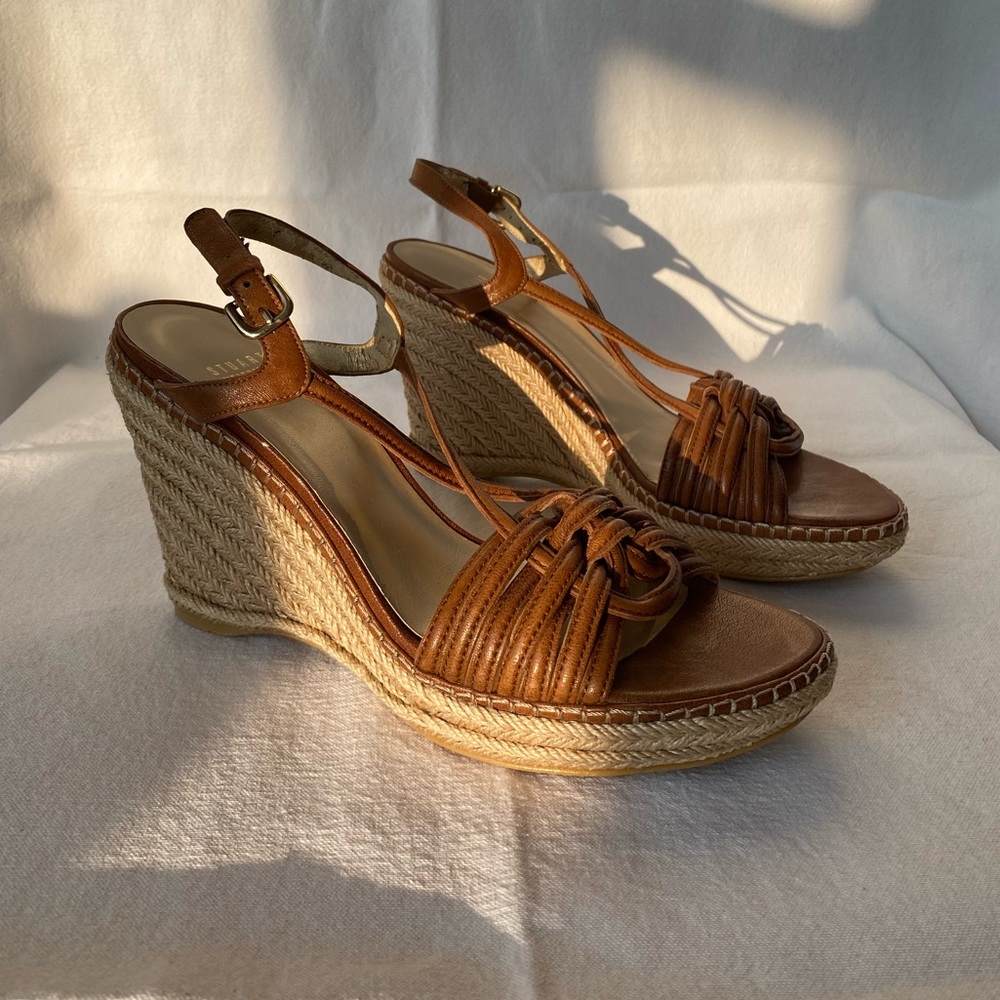 Stuart Weitzman Strappy Brown Leather Espadrille Wedge Sandal Women’s 8.5